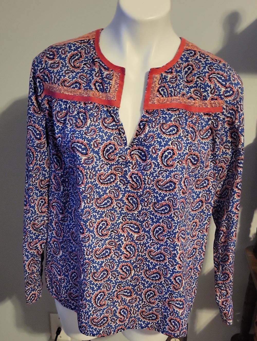 J.Crew Women's Paisley Split-Neck Blouse in Blue and Coral...size Small